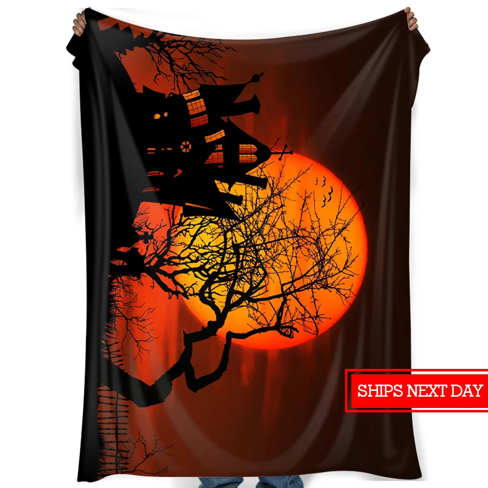 

Halloween blanket, autumn orange plush sofa fuzzy throw blanket, Halloween decoration indoor flannel blanket