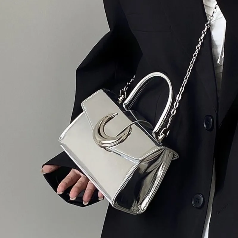 Hot Girl Solid Color Moon Lock Handbag Women Chain Patent Leather Shoulder Bag Ladies Sweet Cool Trendy Y2k Square Crossbody Bag