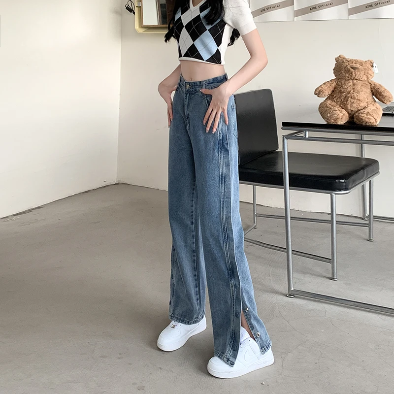 

2022 New Arrival Summer Women Cotton Denim Split Design Ankle-length Pants Button Fly Waist Wide Leg Pants Casual Jeans V684