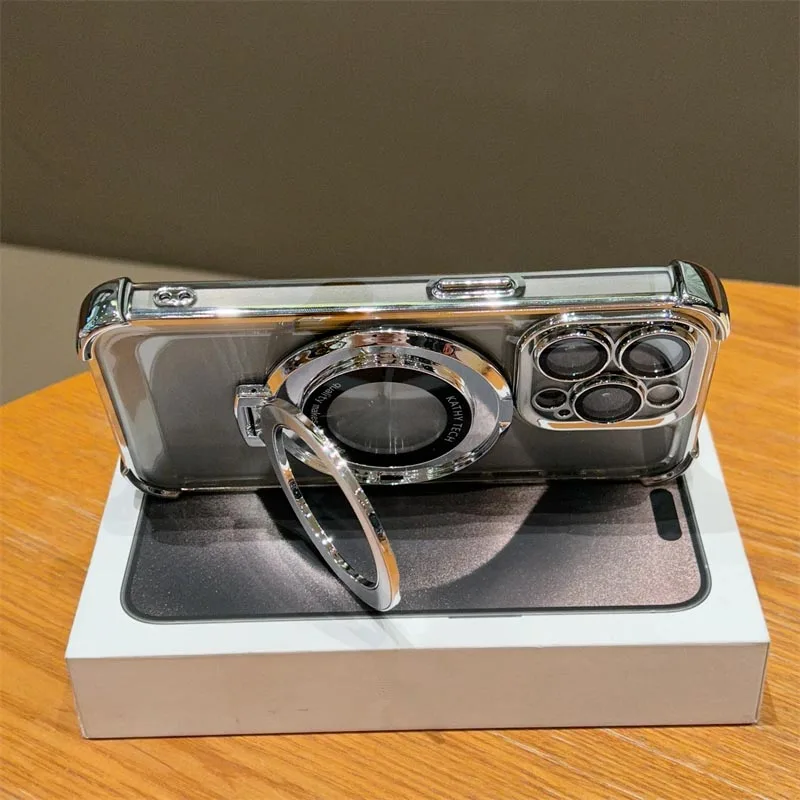 Luxury Plating Shockproof Magnetic Stand Clear Phone Case with Holder