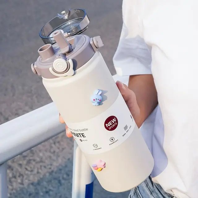 Stainless Steel Thermos Cup Women's Large Capacity Cute High Appearance Horizontal Straw Kettle Men's Thermos Kettl