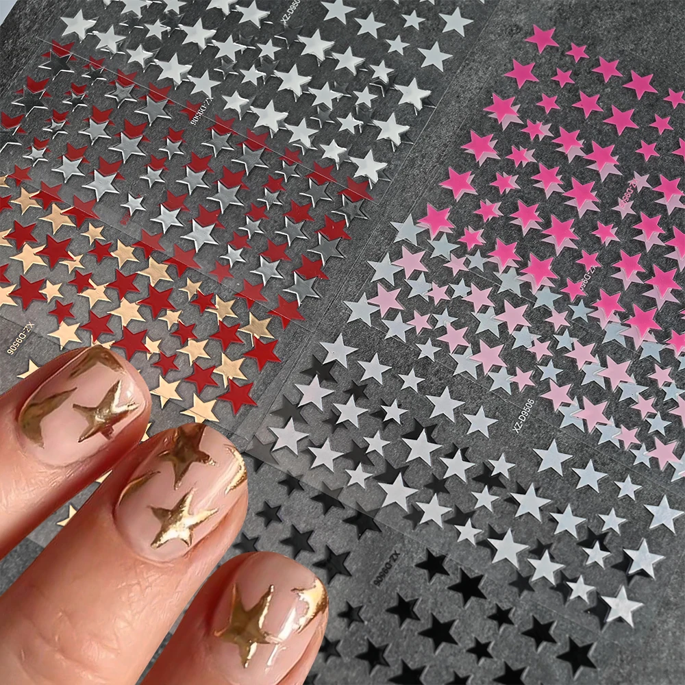 8PCS Metallic Pink and Gold Star Nail Art Stickers - High Gloss Pentagram Design for Trendy Manicure Decoration