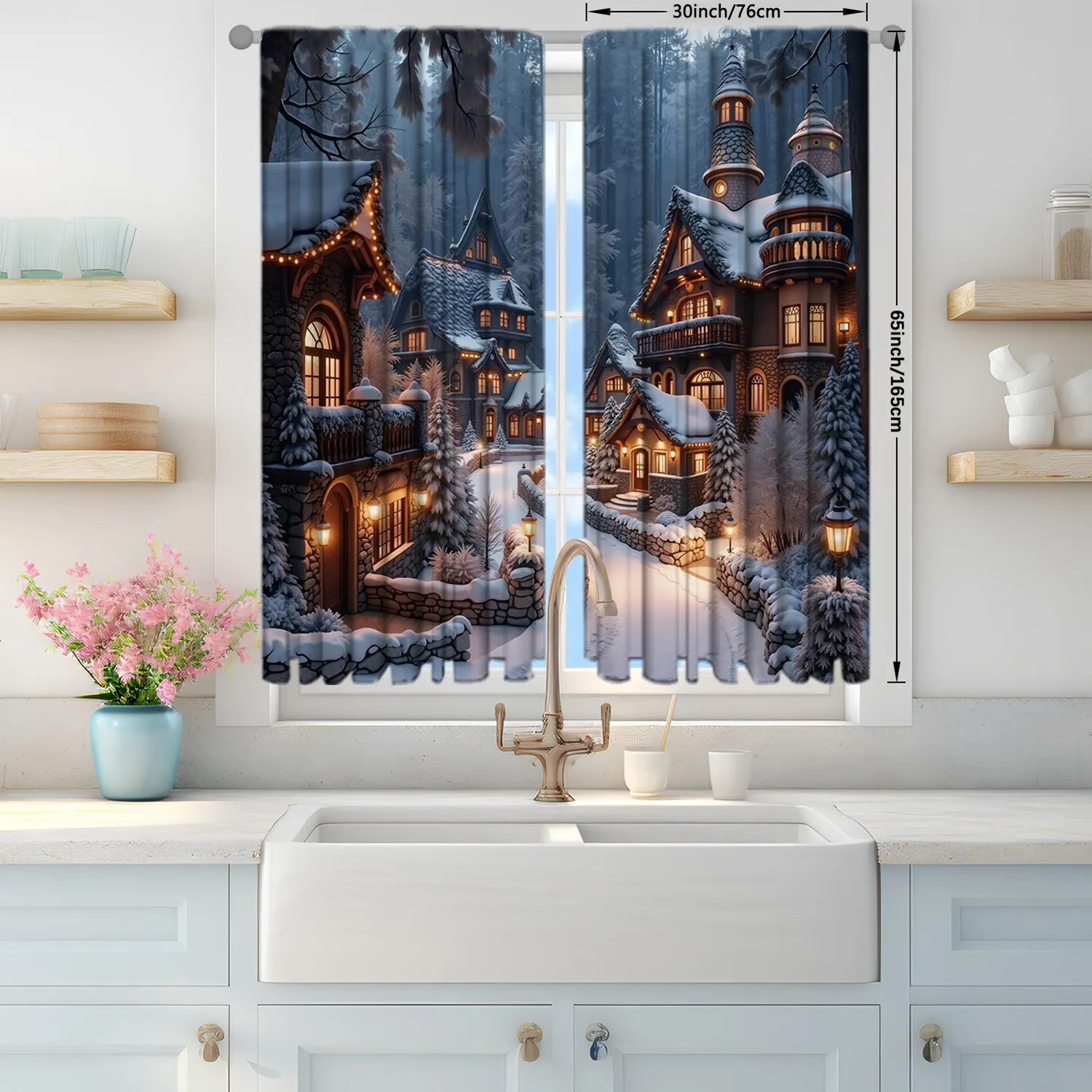Description Picture 5 of item2pcs Winter Town Snow Scenery Printed Curtain for Christmas Home Decor - Rod Pocket Window Treatment for Bedroom,Office,Kitchen