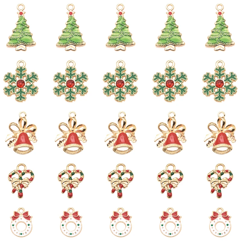 10pcs Christmas Tree Snowflake Garland Bell Craft Charms Alloy Metal Christmas Theme Enamel Pendants For DIY Jewelry Making