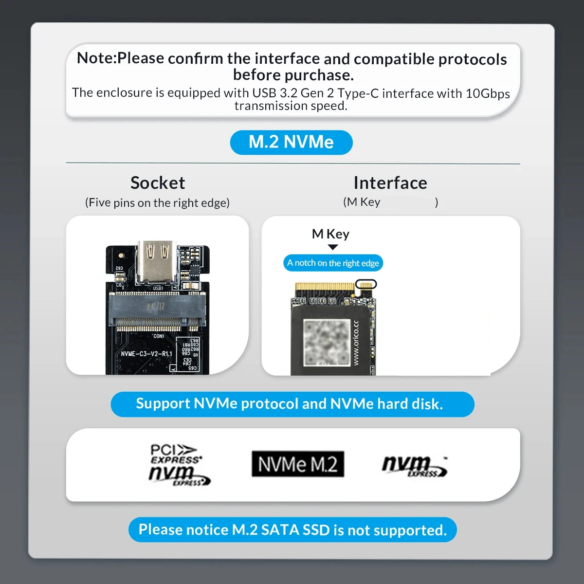 ORICO-M.2 NVMe SATA SSD Enclosure Tool-Free Adaptador