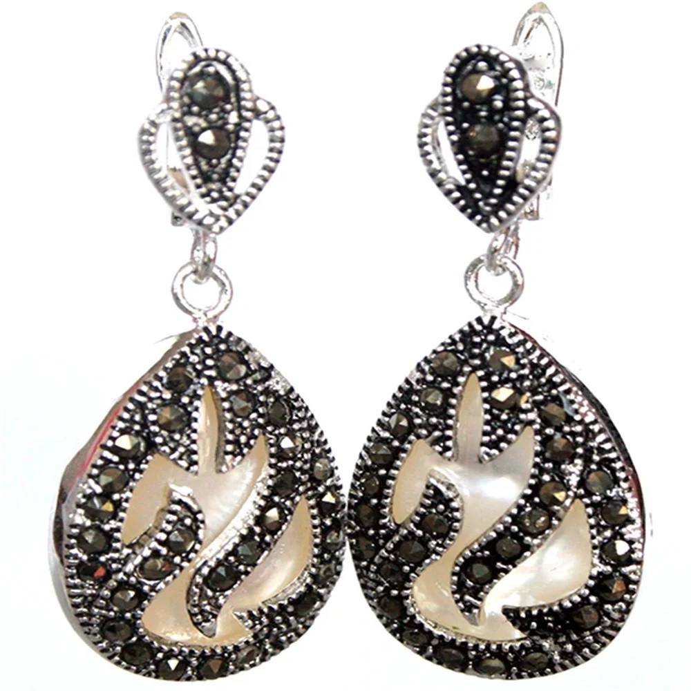 11/2 "Unico 925 Argent Et Marcassite Incrustation Blanc Sea Shell Waterdrop Boucles D'Oreilles