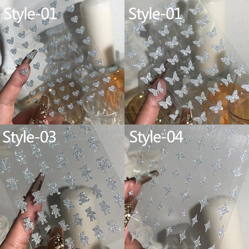 Nail Stickers 1PC Reflective Glitter 3D Nail Stickers Silver Powder Butterfly Star Design Laser Love Heart Foils Sparkly Decoration Manicures