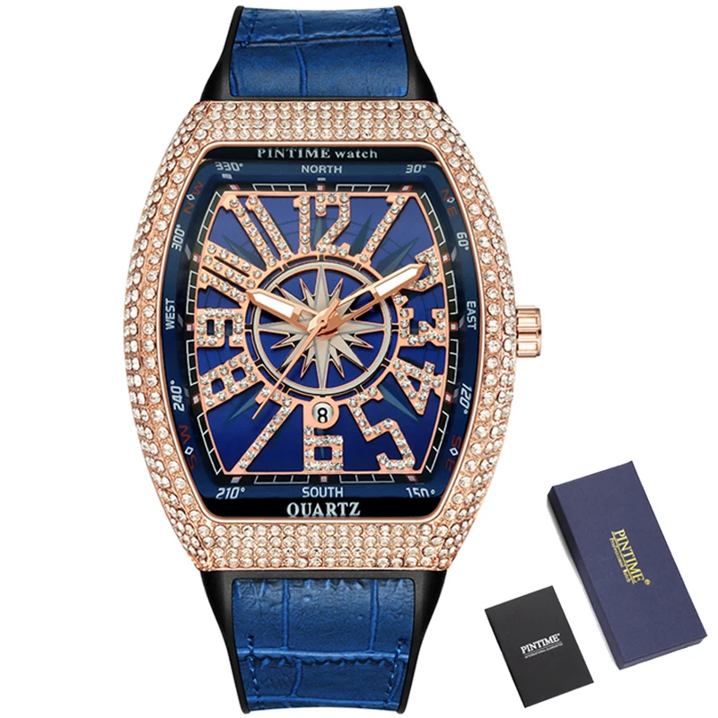 

PINTIME Luxury Diamond Hip Hop Watches Military Female Girls Sliver Iced Out Tonneau Dial Wristwatch Clock Women Quartz Watch