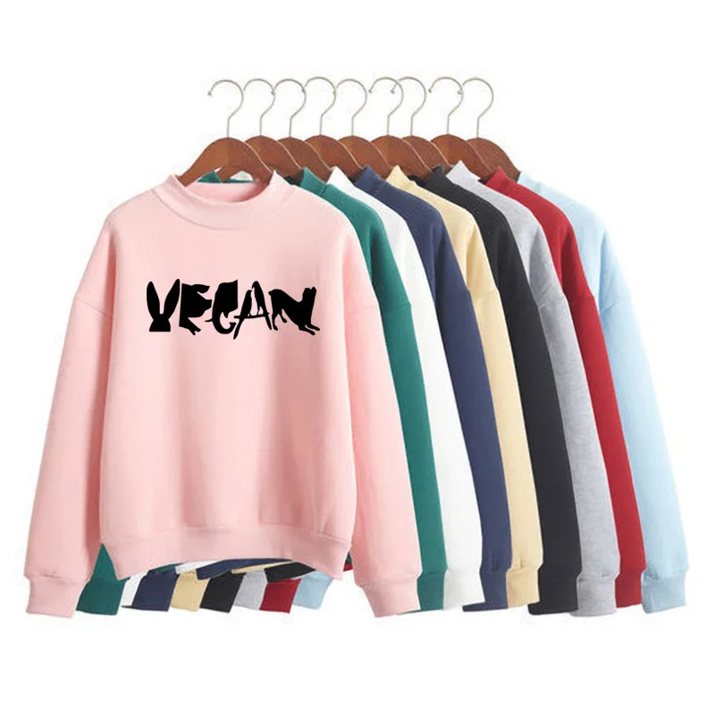 

VEGAN Spelled With Animals Print Woman Sweatshirt Sweet Korean O-neck Knitted Pullover Thick Autumn Candy Color Girl Clothing