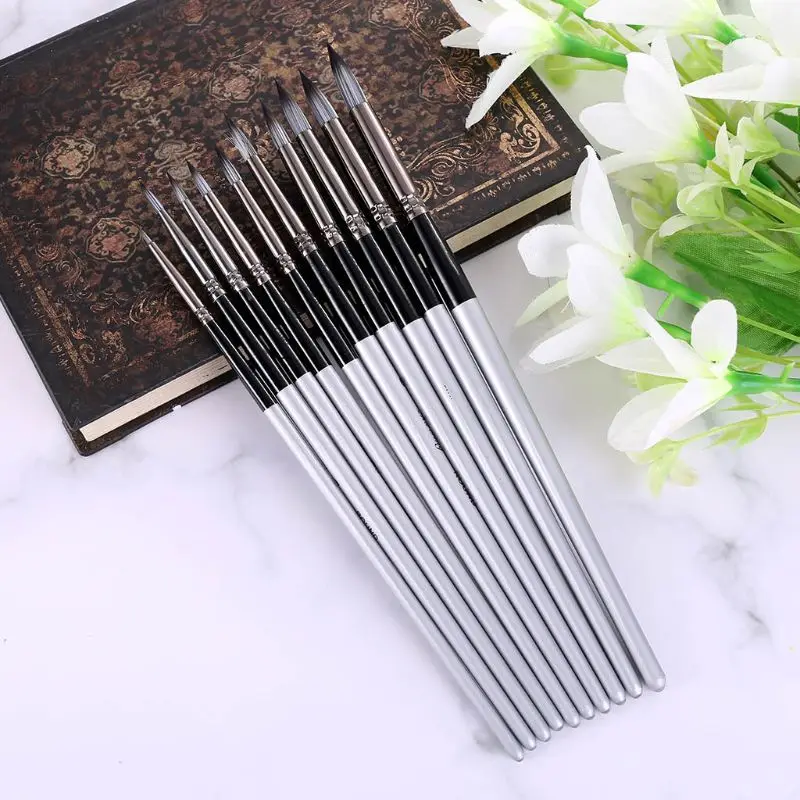 

10 Pcs Long Handle Round Point Tips Painting Brush Pens Set Long Handle Acrylic Pen Nylon Hair Watercolor Paint Brushes