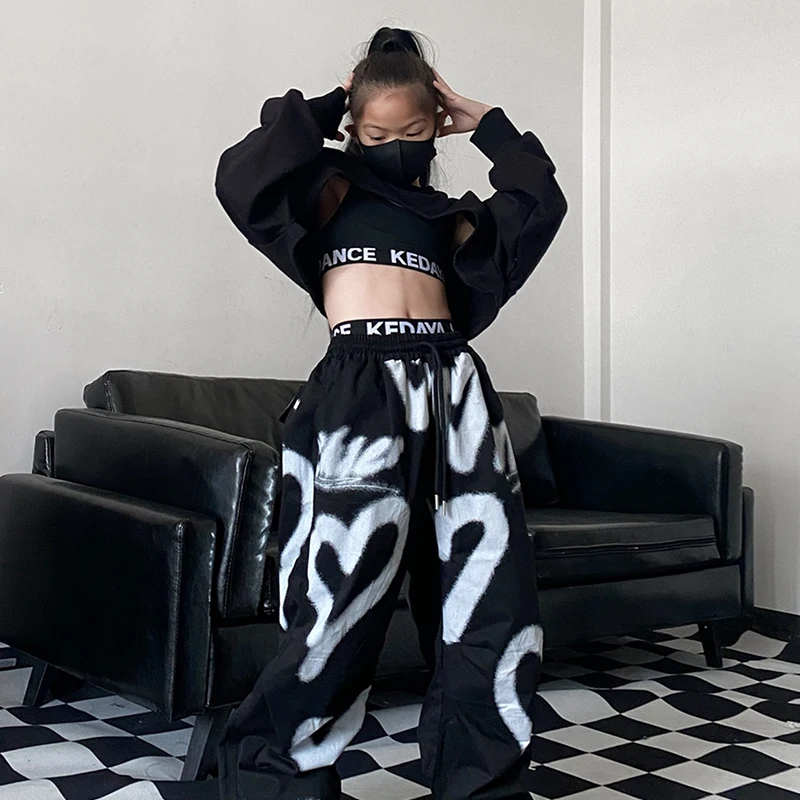 Ballroom Hip Hop Dance Costumes For Girls Hoodie Crop Tops Loose Pants Streetwear Kids Clothing Jazz Stage Wear DQS15454