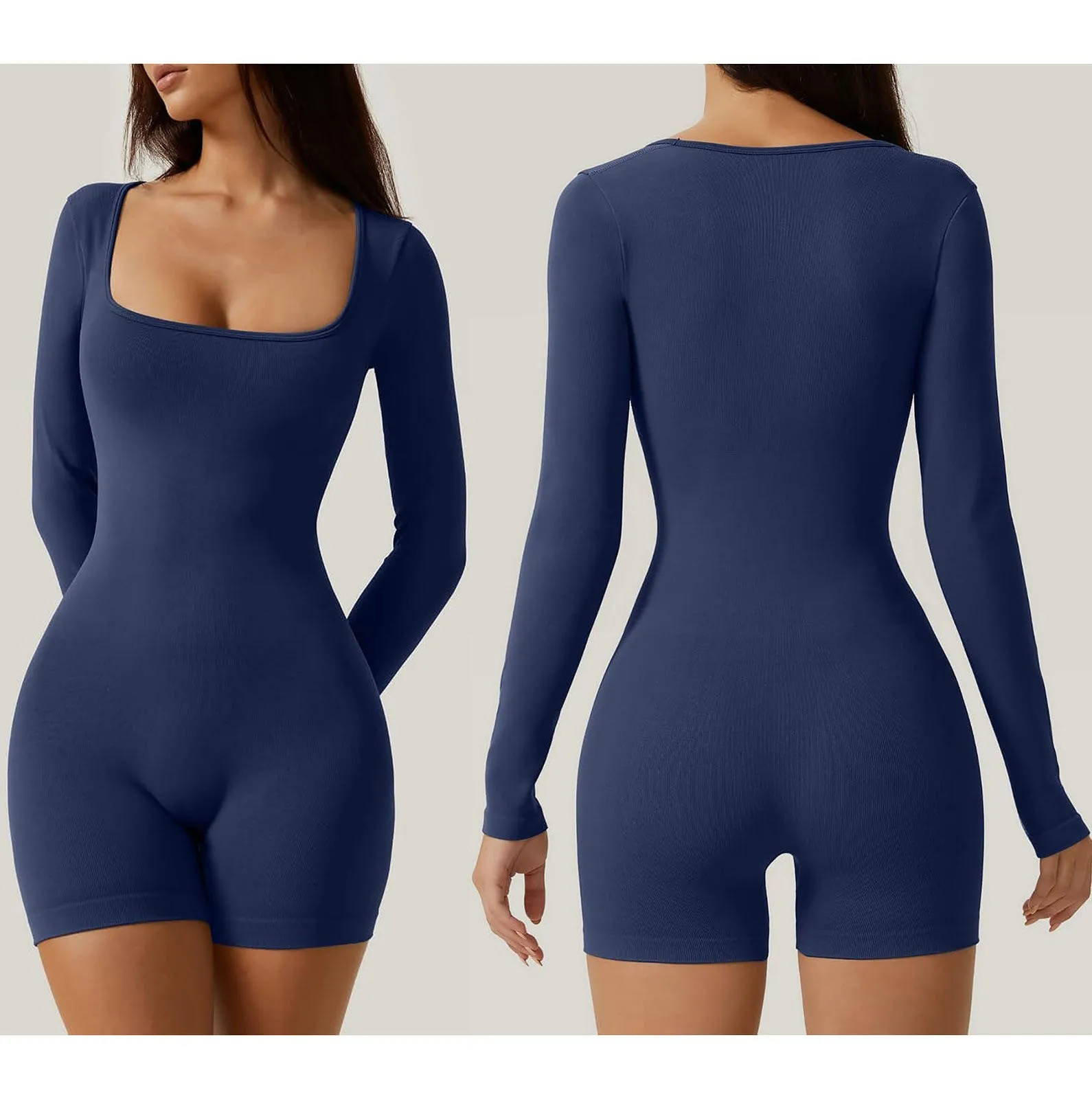 

Women'S One-Piece Yoga Fitness Shorts Jumpsuit Fashion Square Collar Solid Long Sleeve Tops Slim Fitted Casual Fitness Bodysuit