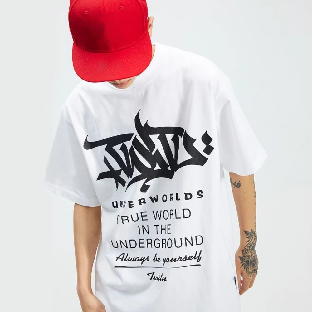 

Hip-Hop Y2k Original Chicano Tattoo Graffiti Letter Printed T-Shirt Men Street Dance Versatile Loose Casual Couple Short Sleeves