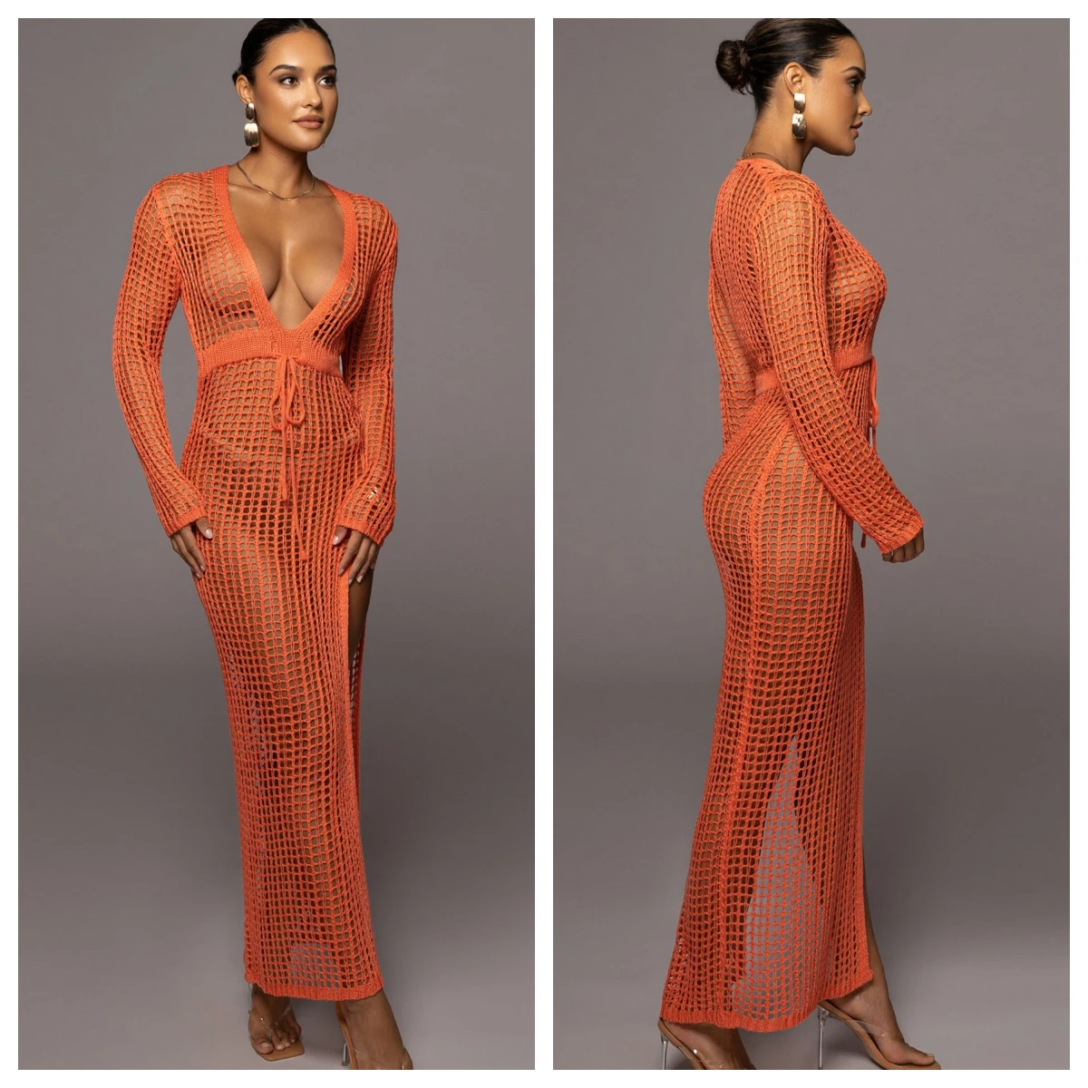 

Женское Сетчатое платье с глубоким V-образным вырезом, длинным рукавом и высоким разрезом