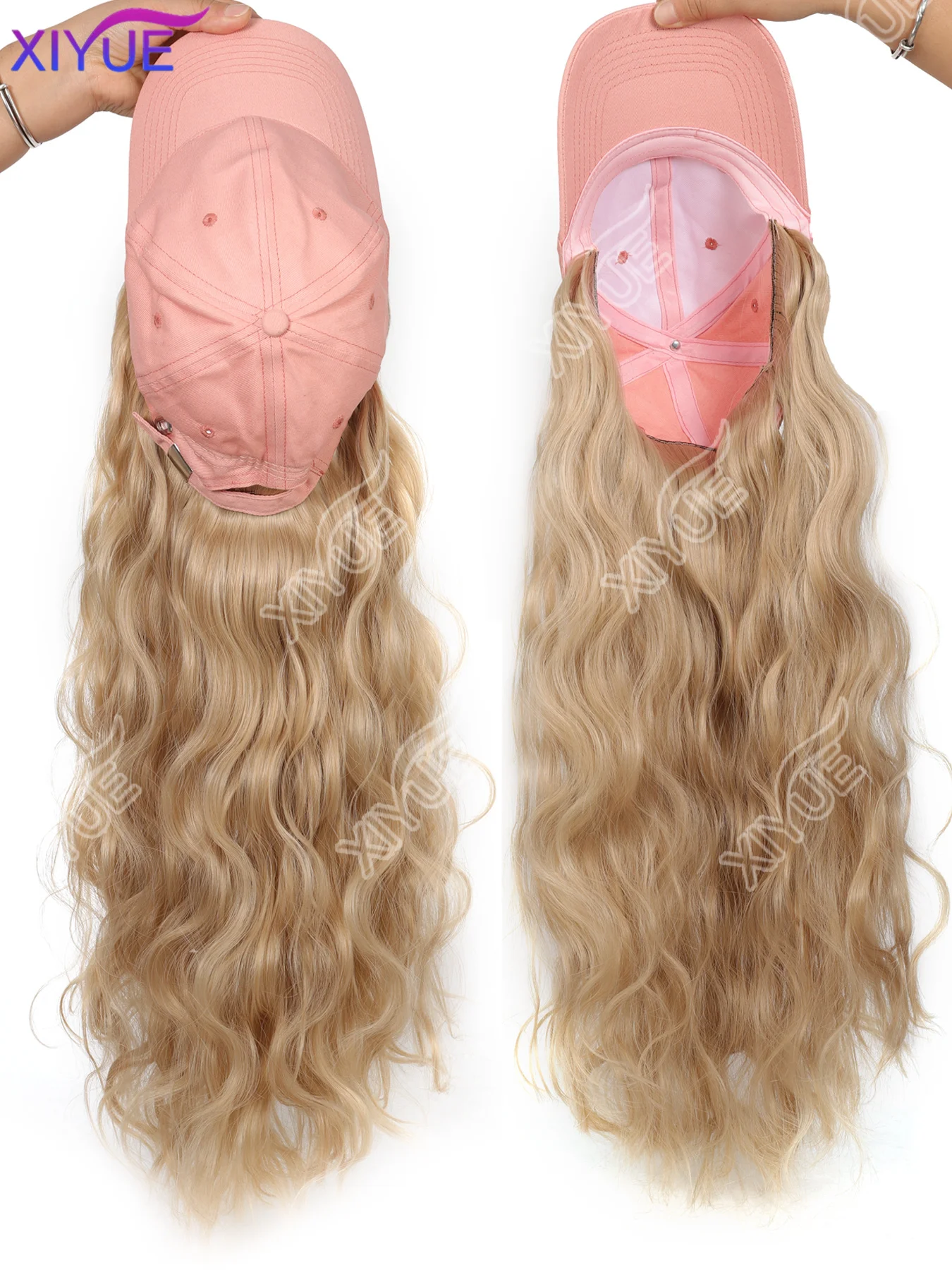 XIYUE pink Hat wigs Cap with Hair Hat Wig Blonde Straight Hair Extensions Synthetic Hair Women Daily Party High Temperature