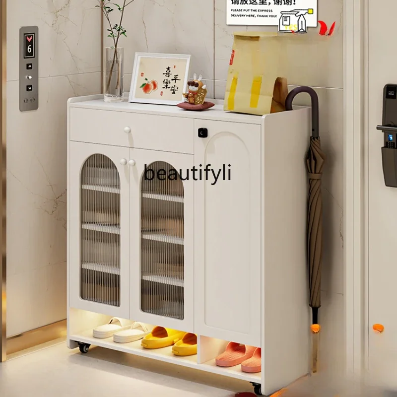 

Cream Wind Movable Shoe Cabinet with Lock Home Doorway Corridor Entry Door Outer Shoe Cabinet