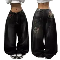 Y2K Fashion New Oversized Pattern Embroidery Jeans Men Gothic Harajuku Retro Hip Hop Popular Casual High Waist Wide-leg Trousers 1
