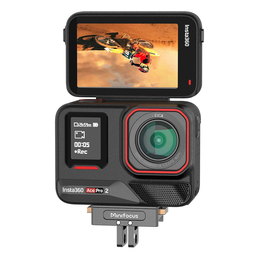 Support magnétique rapide pour Insta360 X5, avec une caméra attachée en position verticale.