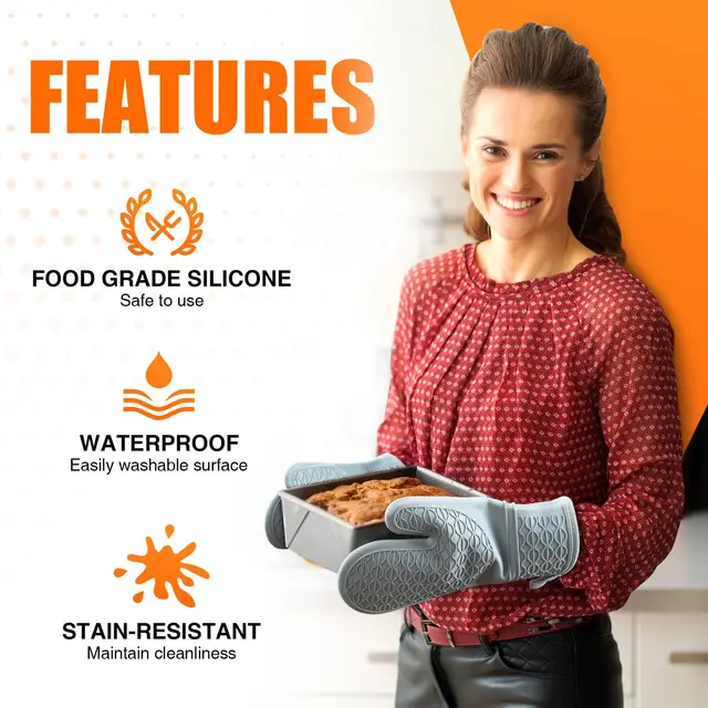 Silicone Oven Mitts, Heat Resistant 2 PCS Oven Mitts with Soft Cotton Lining, Non-Slip Grip Oven Glove, Kitchen Potholder BBQ 4