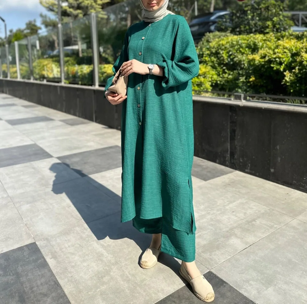 2023 Muslim Oversized Women Clothing Set Autumn Elegant Loose Cardigan Split Tops+Pants 2PCS Abaya Daily Ladies Leisure Costume