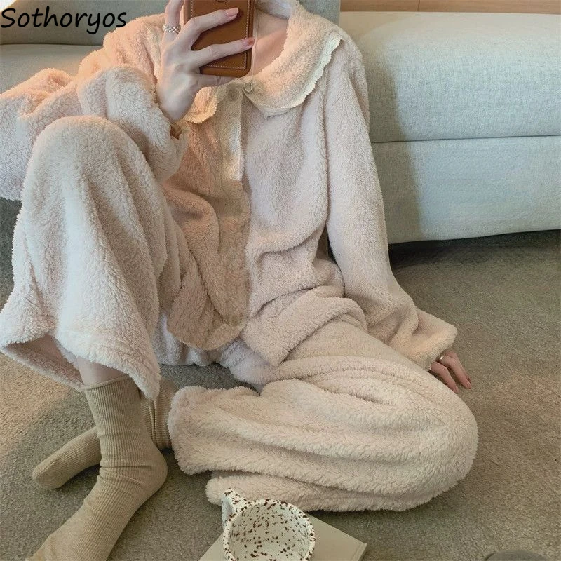 

Зимняя Милая Пижама с воротником «Питер Пэн», женская утепленная одежда для сна из кораллового бархата, корейская мода, милая домашняя пижама с длинными рукавами для девочек