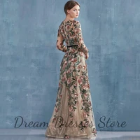 Elegant O-Neck Long Sleeve Evening Dress Sequins Flowers Applique A-Line with Belt Floor Length Women Party Banquet Gowns - Image 2