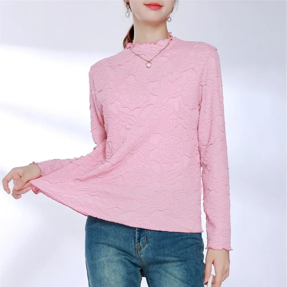 

Miyake Pleated Embossed Tops Women's Spring and Fall New Simple Casual Color Blocking Long-sleeved Bottoming T-shirt Plus Size