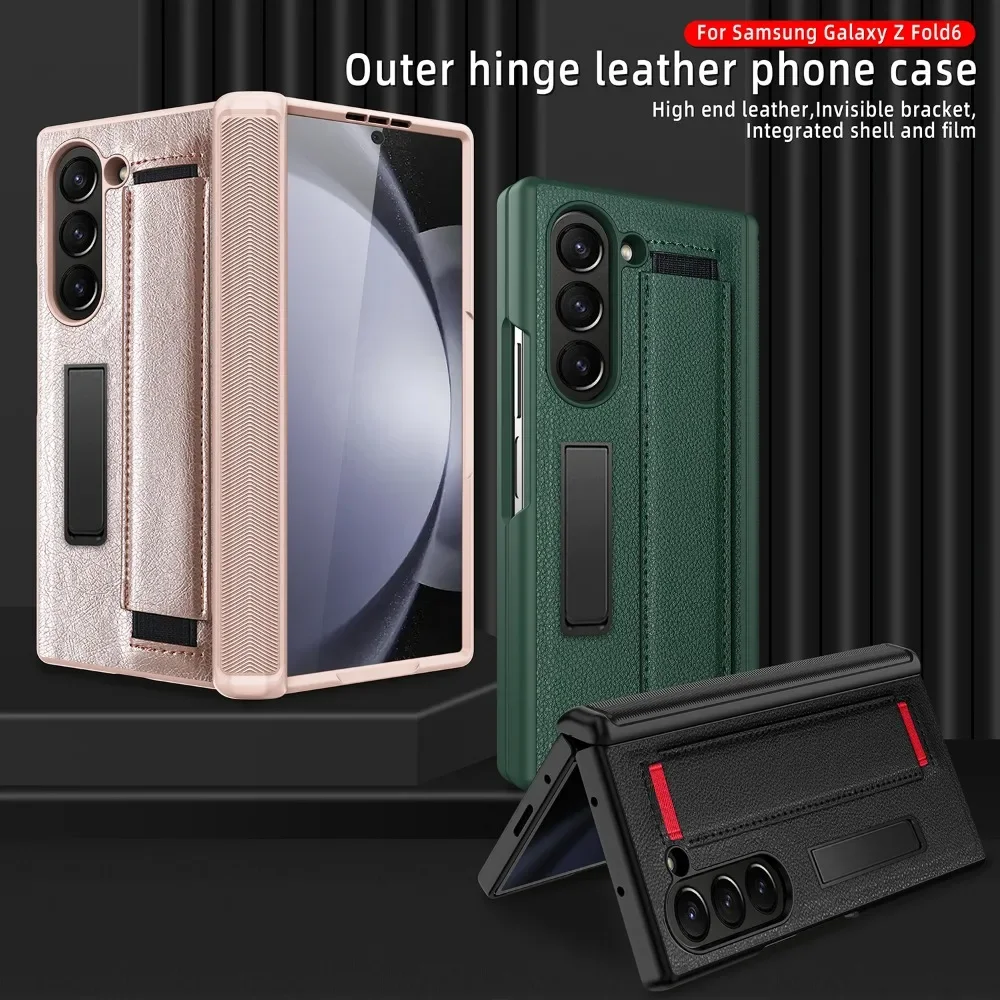 Full Coverage Hinge Protective Kickstand Leather Wristband Phone Case with Screen Protector