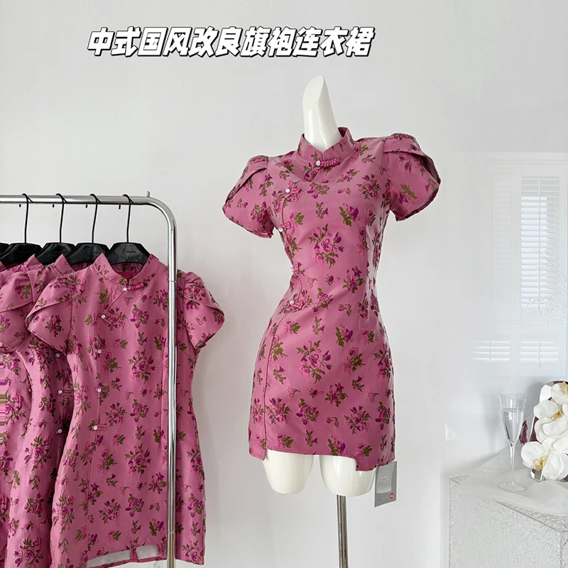 

Новинка, китайский стиль, винтажное праздничное платье Qipao, женское летнее дизайнерское нишевое темпераментное короткое платье, женское тонкое платье