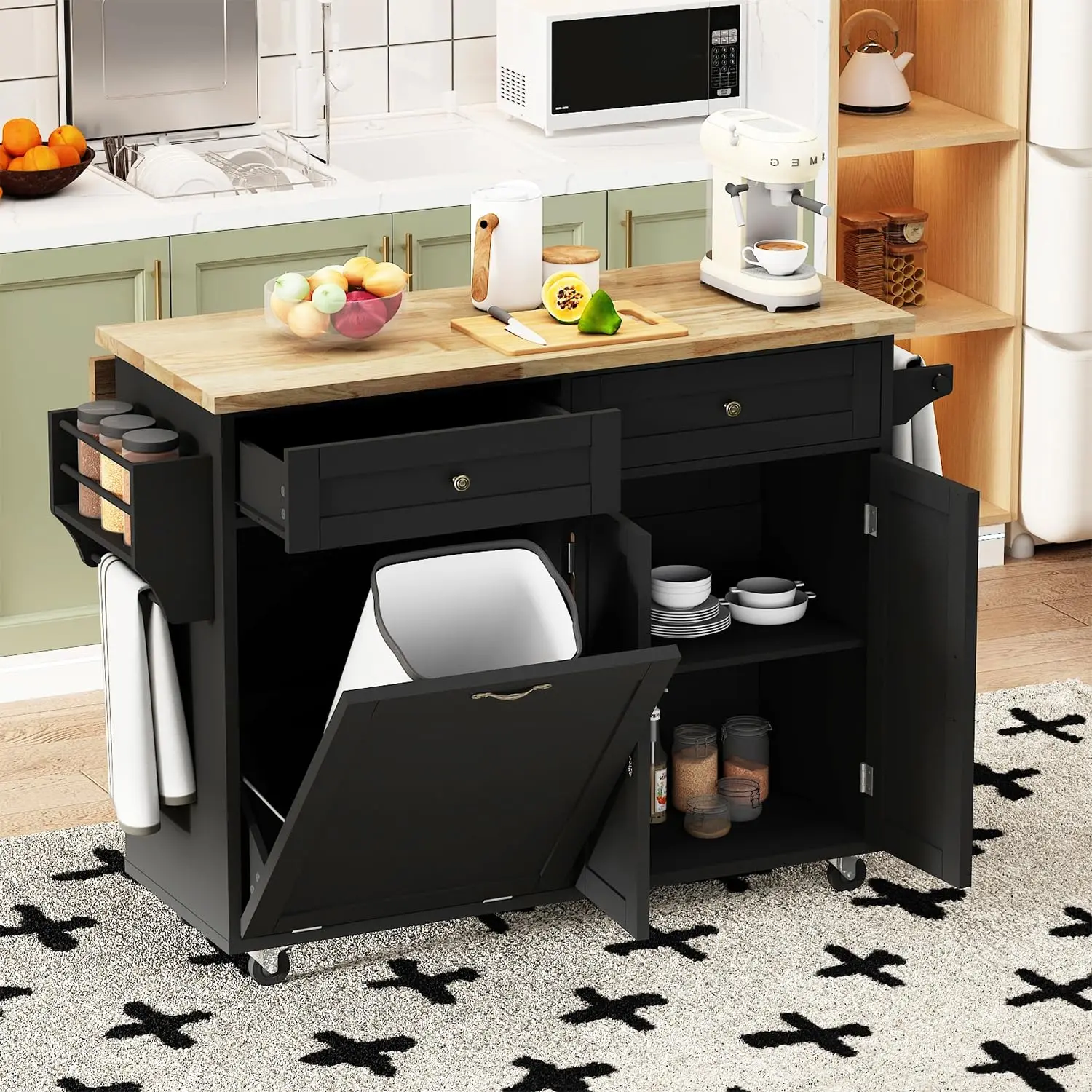 Fingertip WD Rolling Kitchen Island with Drop Leaf-Kitchen Trash Cabinet Tilt Out 10 Gallon Storage, Storage Islands Movable C