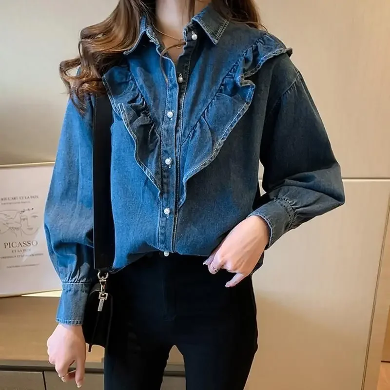 Korean Vintage Solid Color Denim Blouse for Female Spring Autumn Long Sleeve Fashion Ruffles Spliced Shirt Women's Clothing New korean style ruffles peter pan collar loose maternity denim dress summer short sleeve blue pregnant woman a line dress wholesale