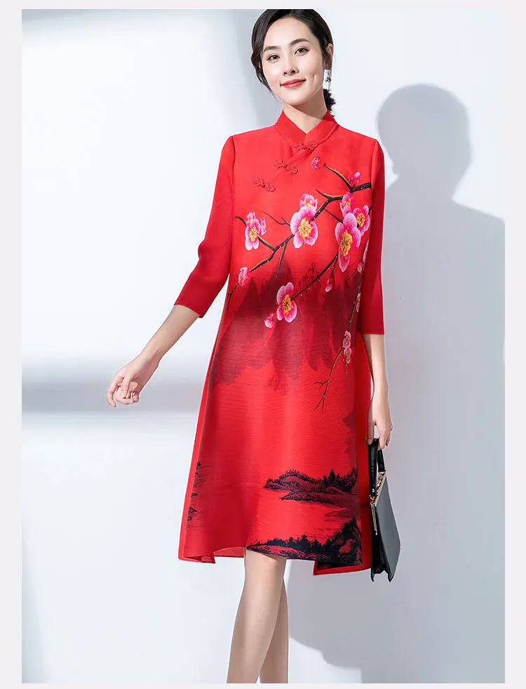 Fivela de Ameixa Primavera Estilo Chinês Vestido Miyake Inclinado Placket Colarinho Vermelha Impressão Diamante Incrustado Nacional Pregas Robe 2022 3 placket colarinho fivela de ameixa vermelha impressão