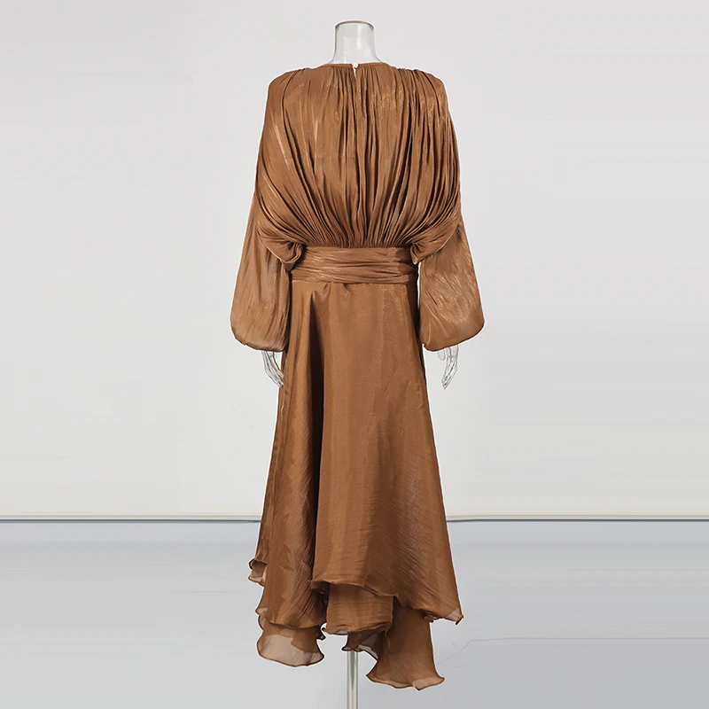 TWOTWINSTYLE Solid Loose Spliced Folds Elegant Dresses for Women Round Neck Long Sleeves Patchwork Lace Up Dress Female Fashion S5af2d3d20d1949428e526384ebdd11f9s