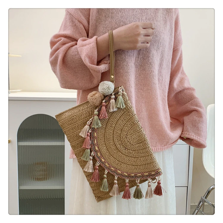 

Flap Straw Woven Bag Luxury Designer One Shoulder Women's Bag Retro Small Square Bag Tassel Messenger Bag Women's Handbag