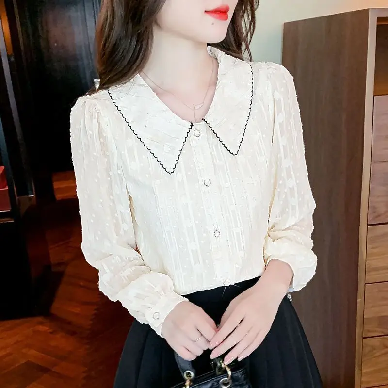 Chiffon Shirt Women's Long Sleeved 2023 Spring Korean Version New Doll Neck Top High Grade Feeling Shirt Unique Chiffon Shirt