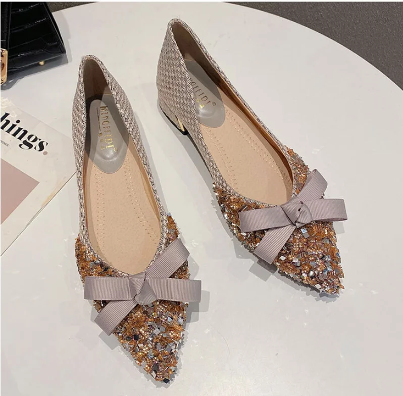 Glitter Bow Flats Women Autumn Large Size 42/43 Shoes Female Sequins Beaded Ballerina Loafers Women Lace-Bowknot Moccasins