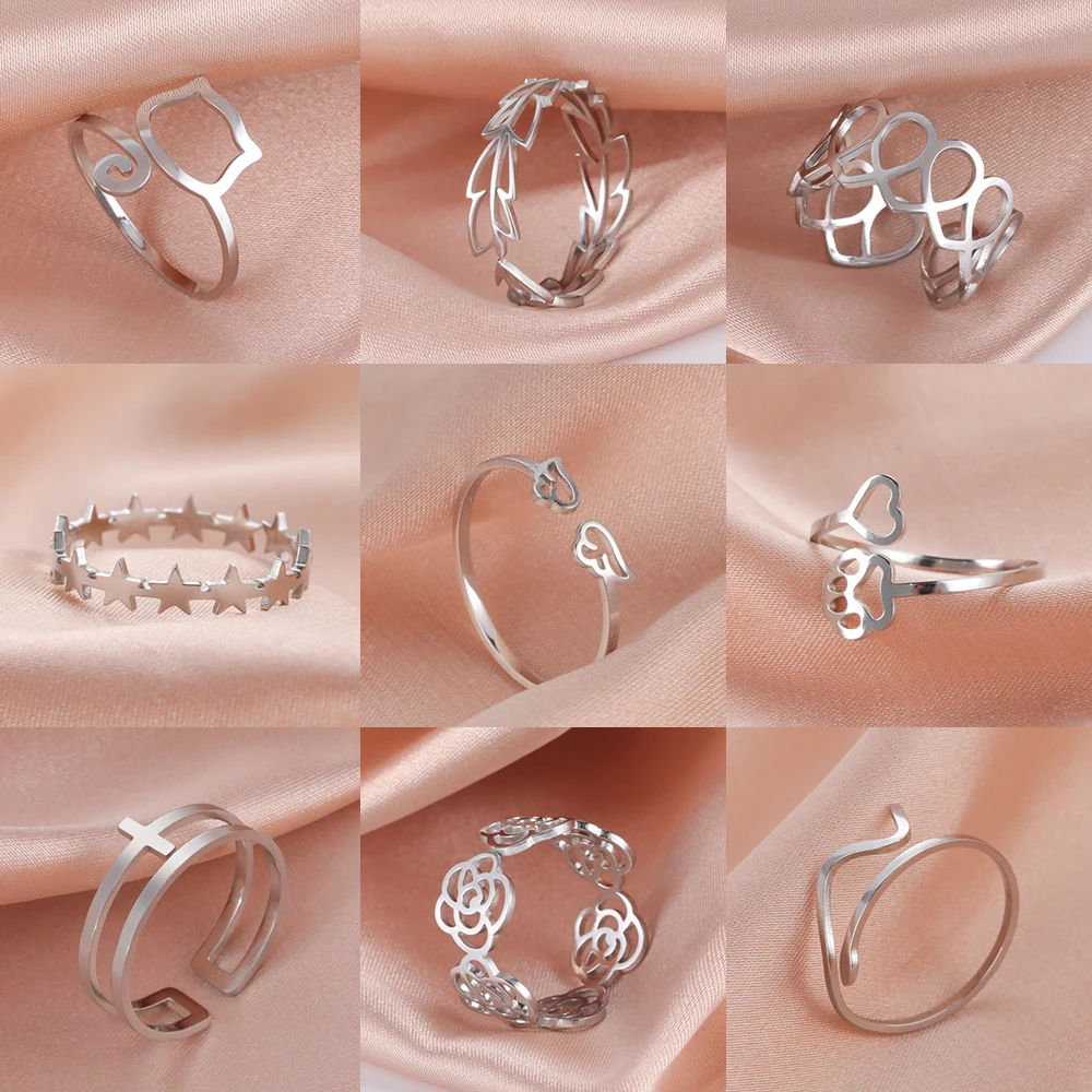 Couples rings Stainless steel ring Finger ring Adjustable rings Ring set Teamer Stainless Steel Ring Women Girls Couple Rings Heart Cat Paw Flower Snake Star Music Adjustable Finger Ring Jewelry Gifts