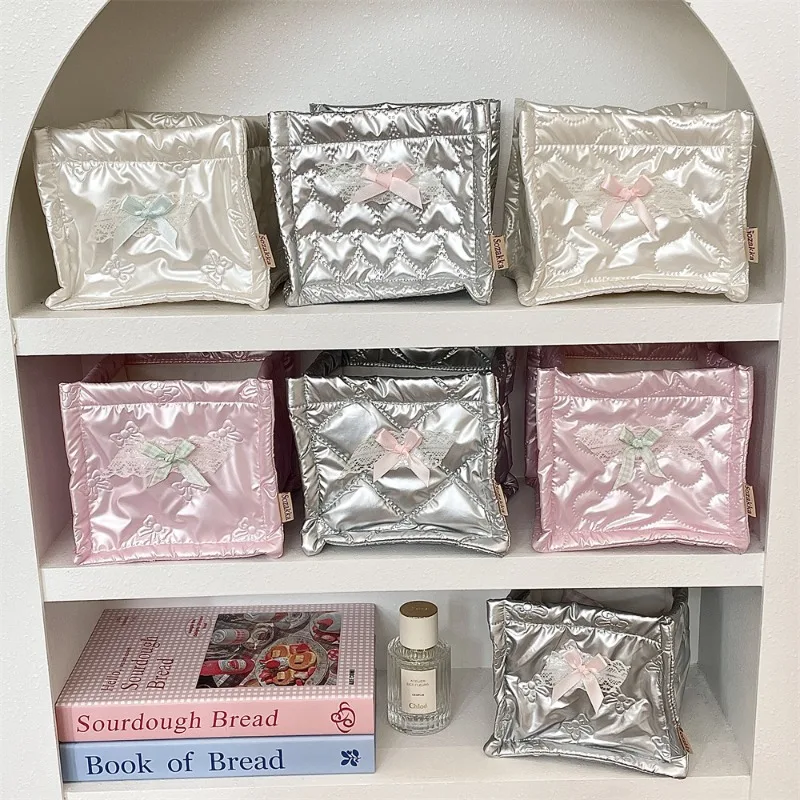 Sweet Korean Stationery Organizer PU Leather Bow Heart Style Photocard Makeup Desktop Storage Organizer School Student Supplies
