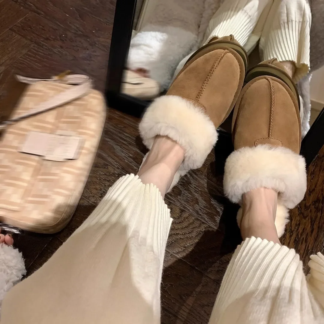 

Brand women's slipper fashion flat slipper round head flat fluffy half mop head plus velvet outside to wear slippers