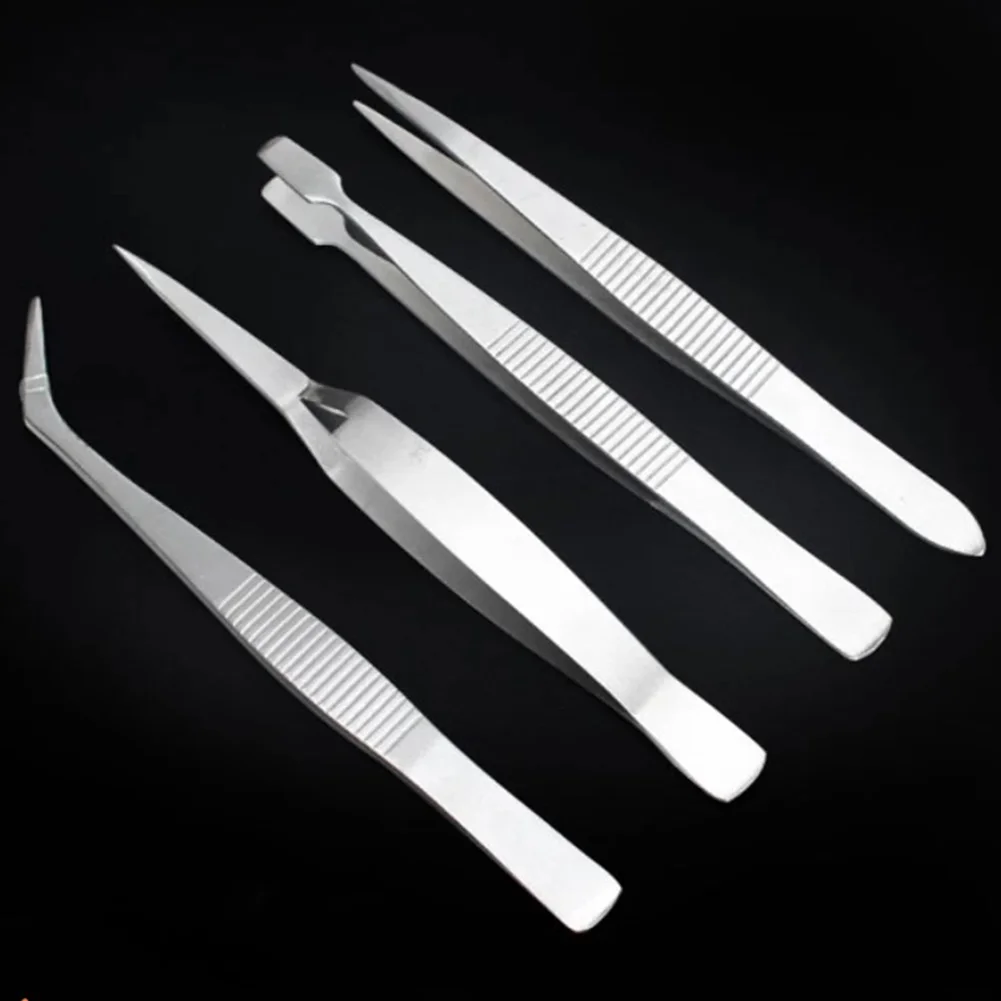 4pcs Stainless Steel Tweezers Thickened Precision Industrial Tweezers Dressing Straight Bent Clip Repair Hand Tool