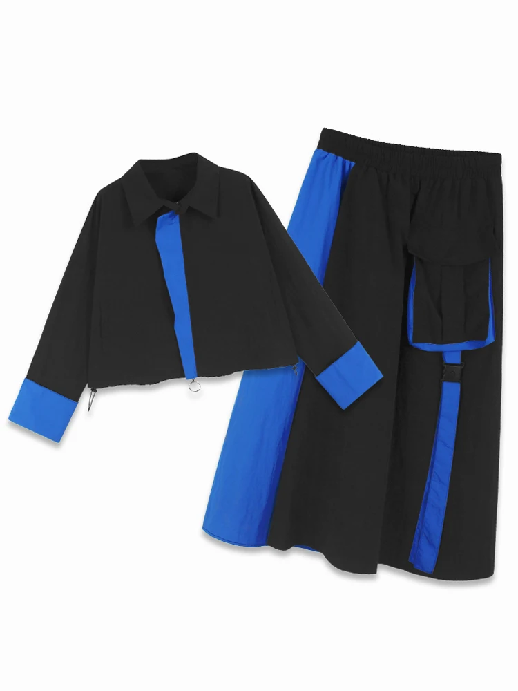 [Vibe] Blue Big Size Shirt Half-body Skirt Two Pieces Suit New Lapel Long Sleeve Women Fashion Tide Spring Autumn 2025