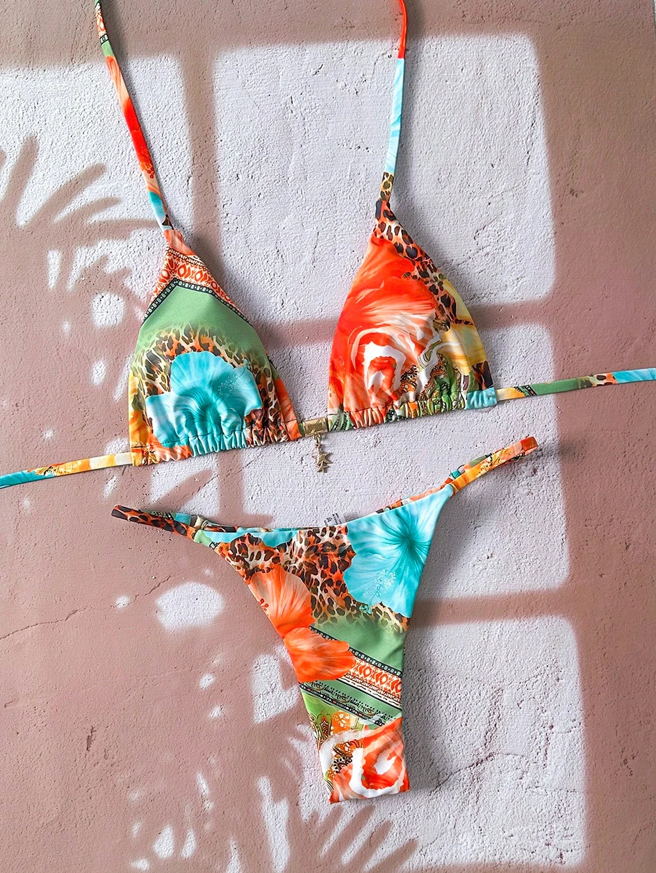 two-piece swimwear set with animal print styling