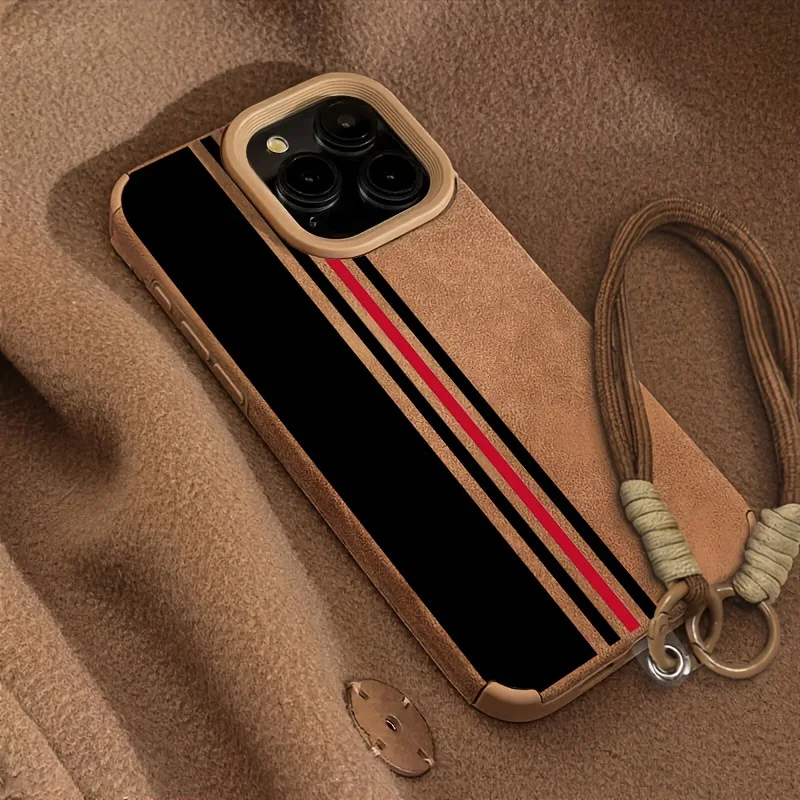 Luxury Black and Red Stripe Leather Wrist Strap Phone Case with Lanyard Feature