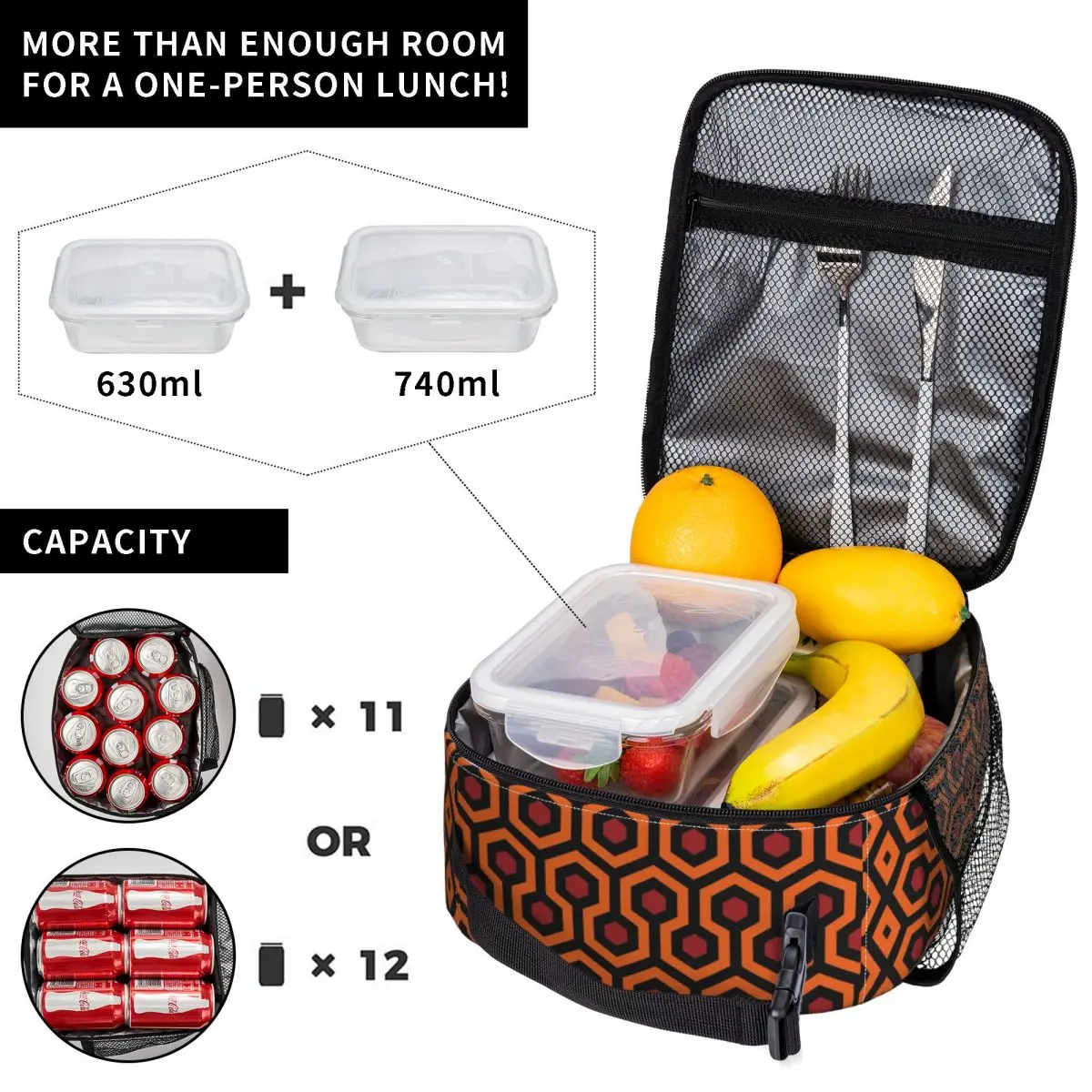 Orange Shining Looped Hexagons Overlook Hotel Carpet Portable Lunch Box Multifunction Thermal Cooler Food Insulated Lunch Bag
