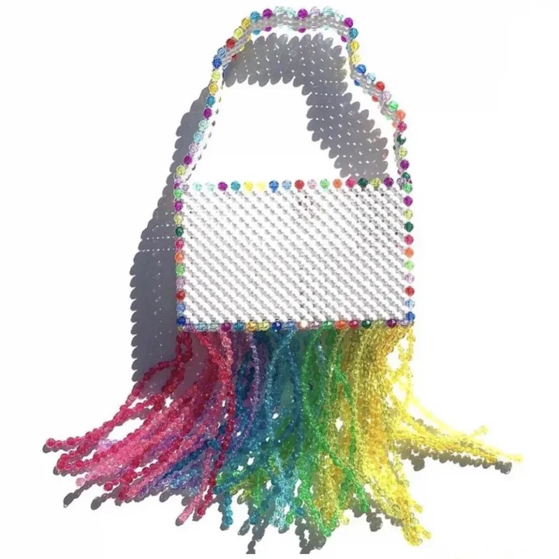 

Fashion Retro Rainbow Design Beaded Handwoven Personalized Ladies Handbag 2024 New Colorful Contrast Tassel Women's Shoulder Bag