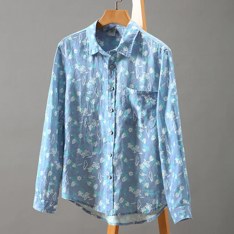 Retro Spring Summer New Printed Floral Men's Linen 100% Business Casual Shirts For Men High Street Loose Thin Clothes Tops