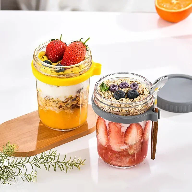 Portable Cereal Breakfast Cups Overnight Oat Glass Cup with Fork Milk Fruit Salad Kitchen Item Food Storage Jars Water Bottle