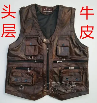 2025 men thick head layer cowhide leather vest Many fashion vest pocket