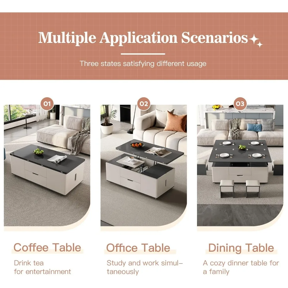 47.24" L Lift Top Coffee Table with 4 Stools, Rising Tabletop Work Table,Center Table with Hidden Storage for Living Room Space- 3