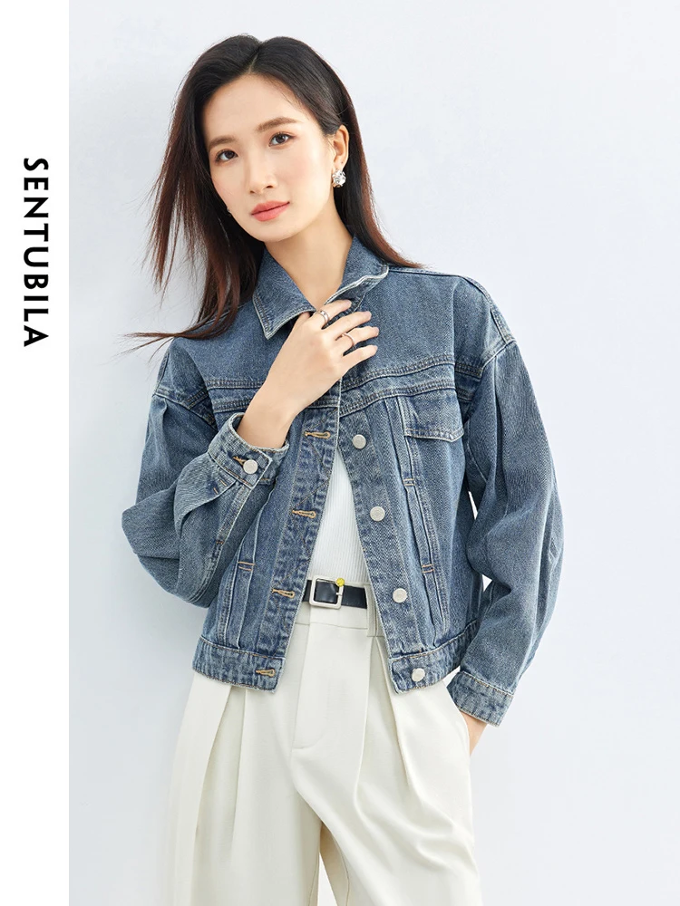 

SENTUBILA Spring Fashion Polo Collar Cotton Cropped Denim Jacket 2024 Casual Single Breasted Long Sleeve Jean Coat W41W53227